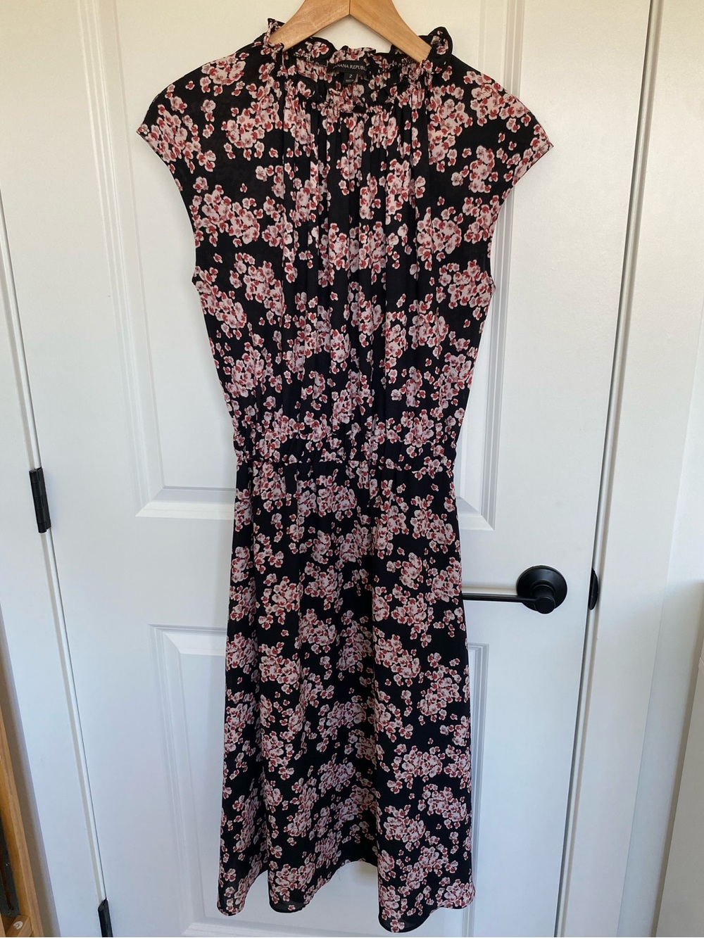 Banana Republic Black Ruffle Neck Midi Dress with Pink Floral Print